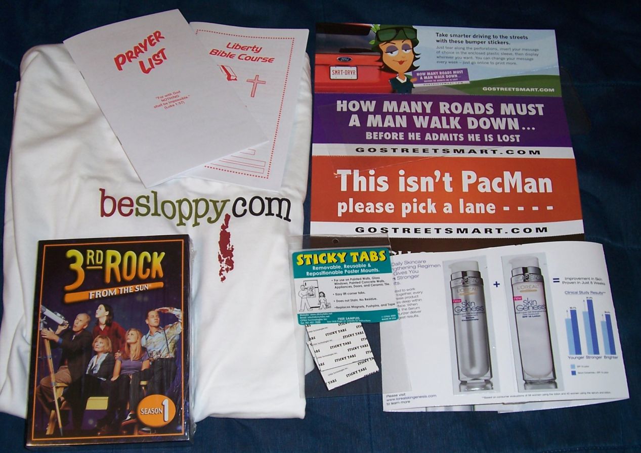 Gospel Tracts, Window Cling, Sloppy Joe T-shirt, Pepsi Point Stuff, Sticky Tabs, Skin Genesis