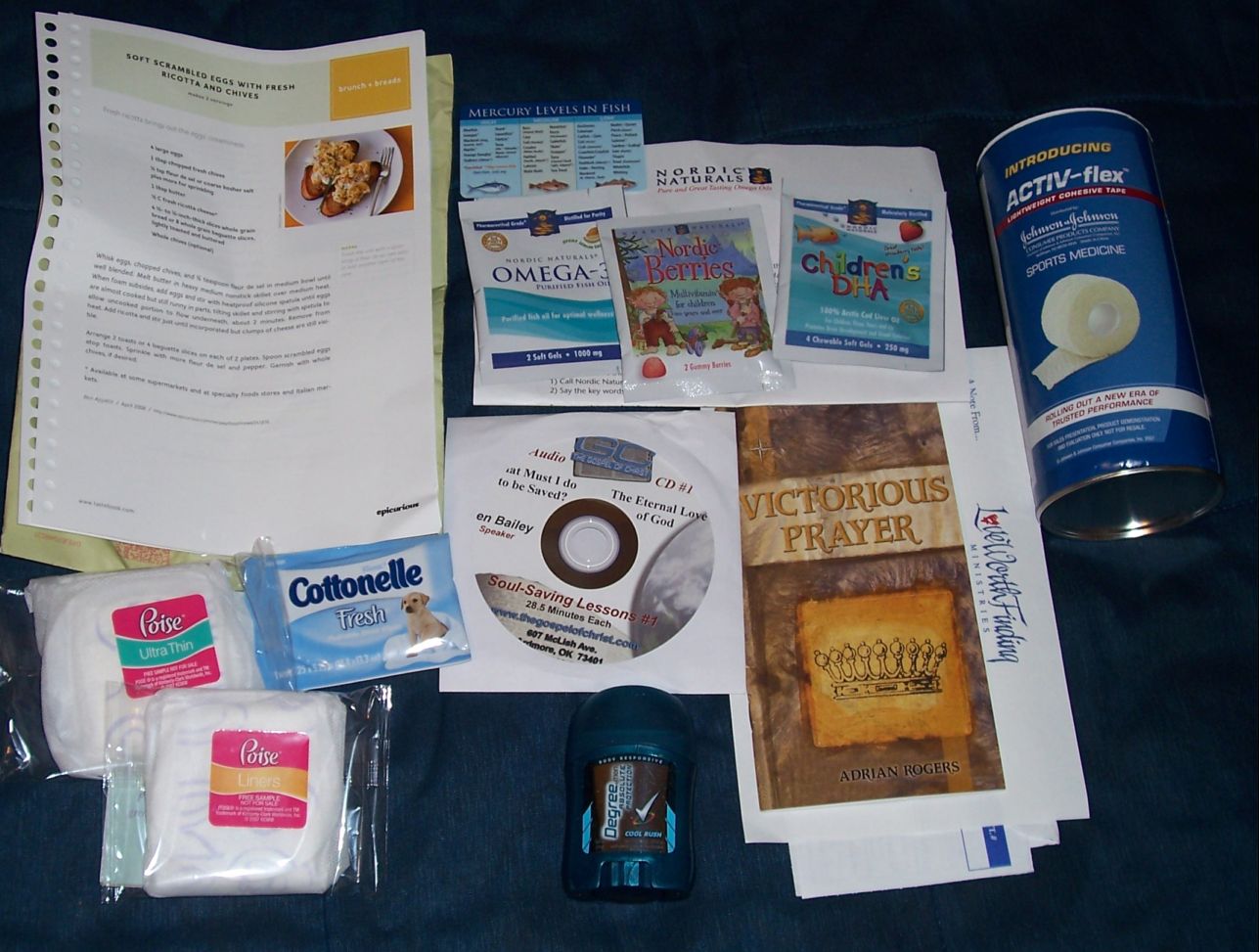 Tastebook recipe cards, Nordic Naturals, Activ-Flex, Poise/Cottonelle, Lesson CD, Victorious Prayer Booklet, Degree Deodorant